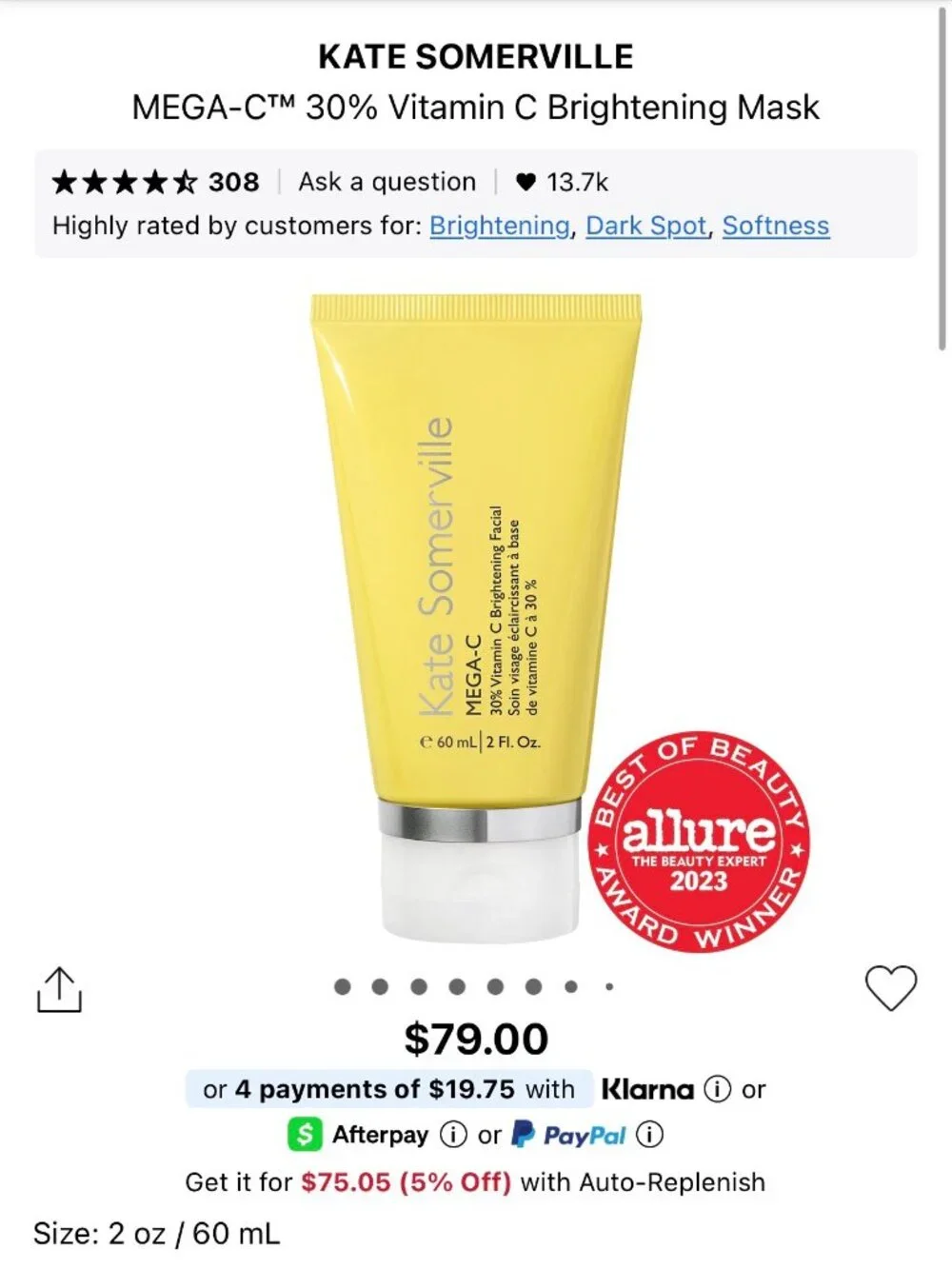 $79 NEW KATE SOMERVILLE MEGA-C 30% VITAMIN C BRIGHTENING MASK 60ML